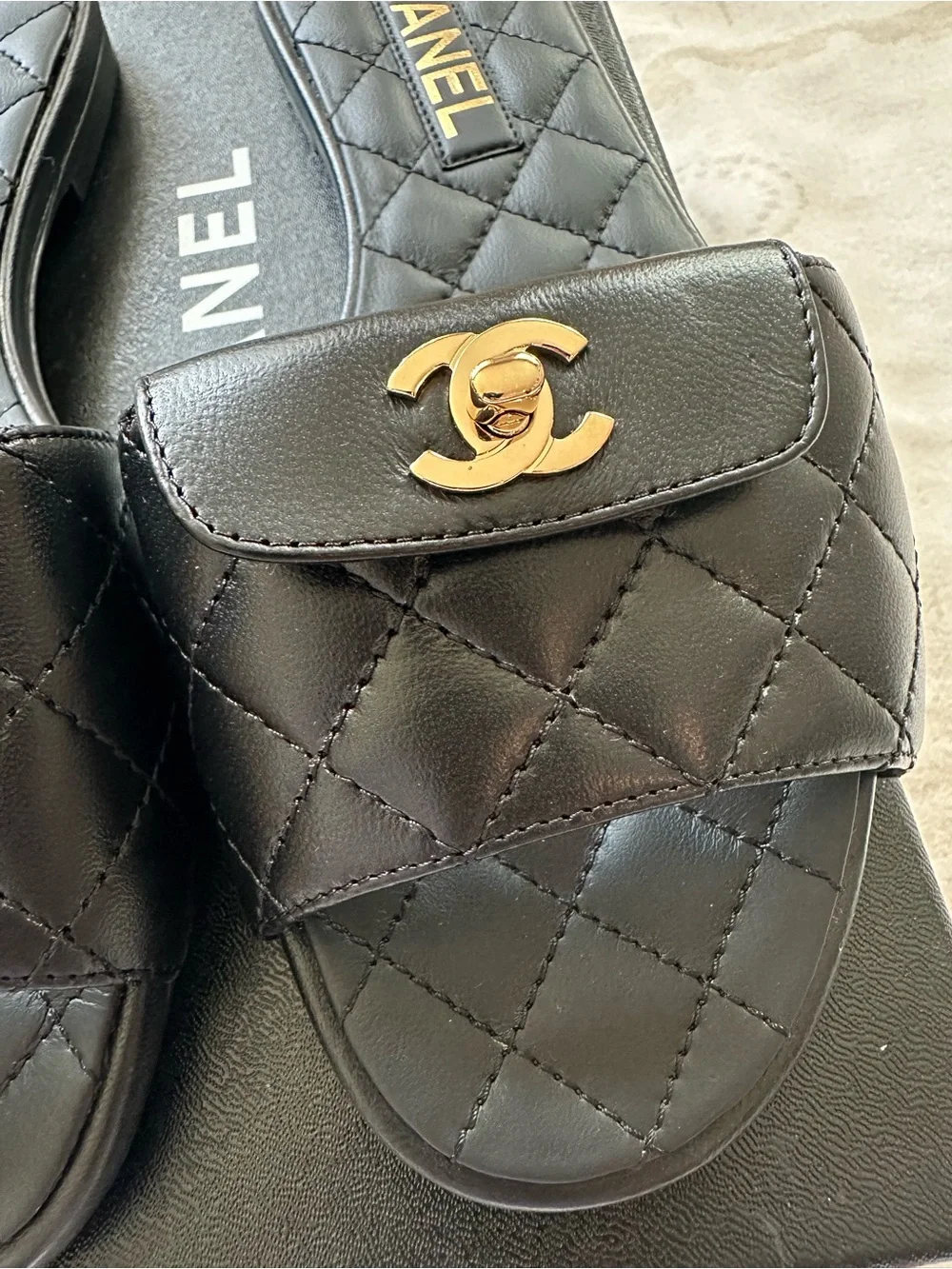 Chanel REV Black Turnlock Quilted Gold CC Logo Mules Slide Sandal Flop Flat 37.5
